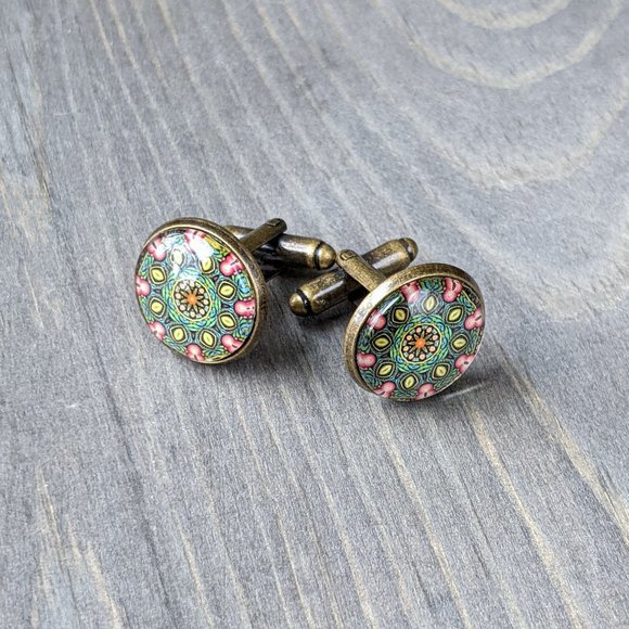 Glass Dome Cuff Links with Green Kaleidoscope Pattern, Antiqued-Bronze Plated - Picture 10 of 16